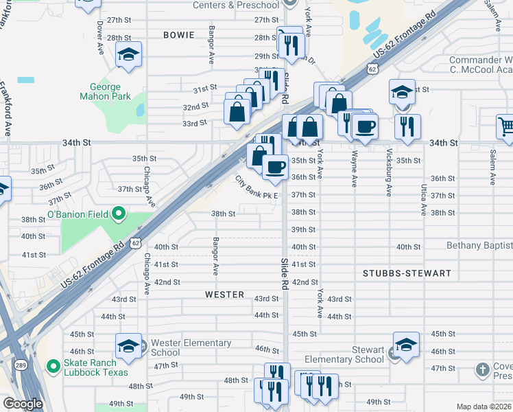 map of restaurants, bars, coffee shops, grocery stores, and more near 5207 38th Street in Lubbock