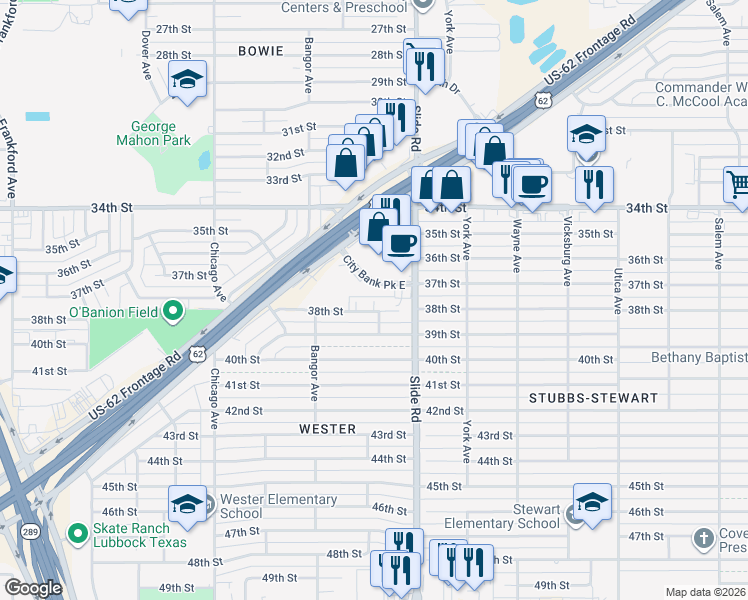 map of restaurants, bars, coffee shops, grocery stores, and more near 5207 38th Street in Lubbock