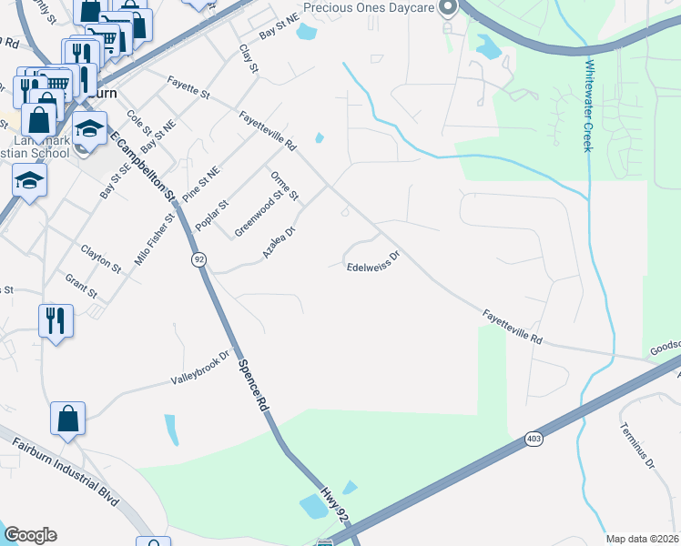 map of restaurants, bars, coffee shops, grocery stores, and more near 70 Edelweiss Drive in Fairburn
