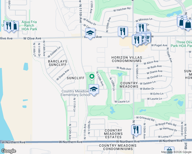 map of restaurants, bars, coffee shops, grocery stores, and more near 8578 North 110th Drive in Peoria