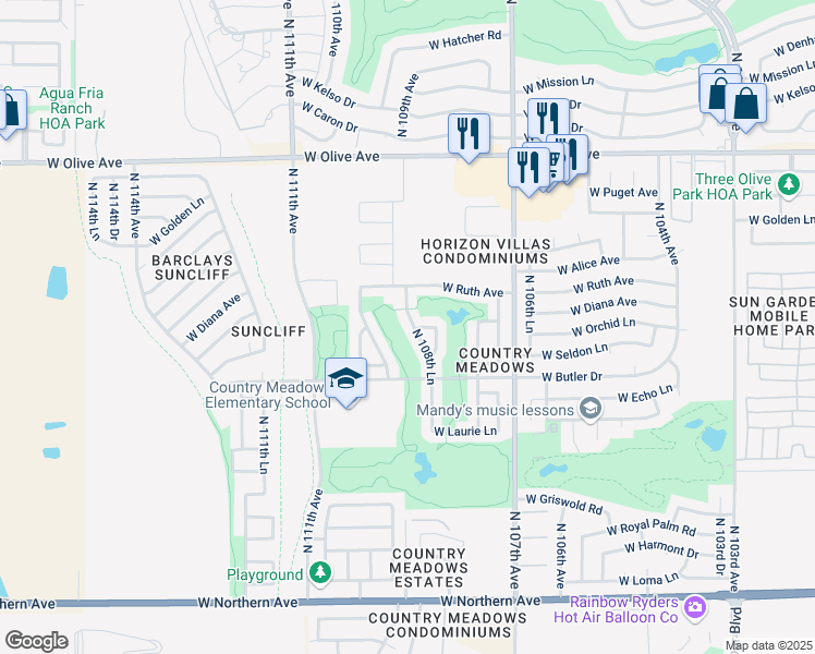 map of restaurants, bars, coffee shops, grocery stores, and more near 8569 North 110th Avenue in Peoria