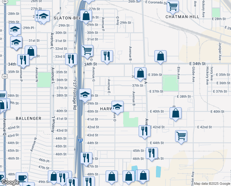 map of restaurants, bars, coffee shops, grocery stores, and more near in Lubbock