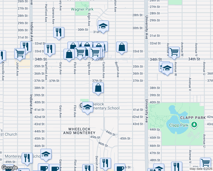 map of restaurants, bars, coffee shops, grocery stores, and more near 2801 38th Street in Lubbock