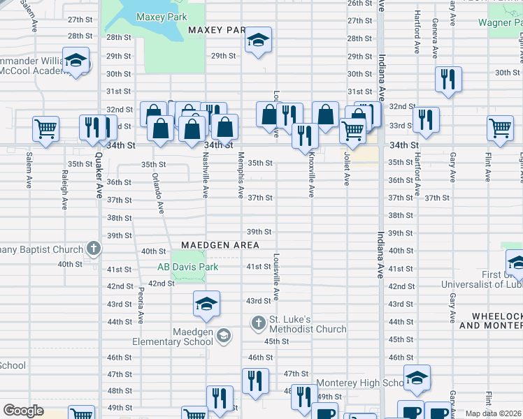 map of restaurants, bars, coffee shops, grocery stores, and more near 3705 38th Street in Lubbock