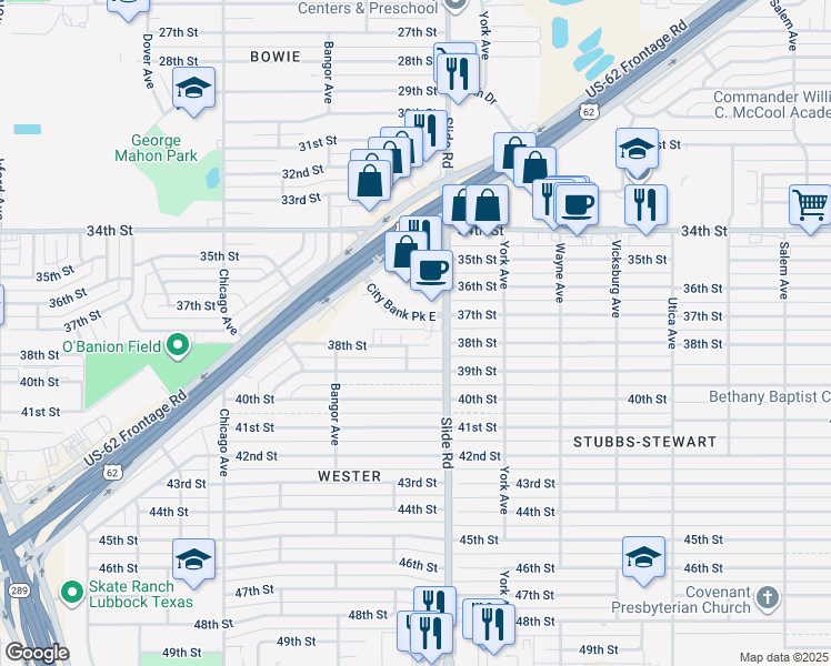 map of restaurants, bars, coffee shops, grocery stores, and more near 5207 38th Street in Lubbock