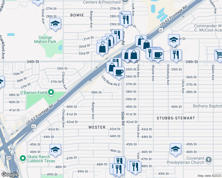 map of restaurants, bars, coffee shops, grocery stores, and more near 5207 38th Street in Lubbock