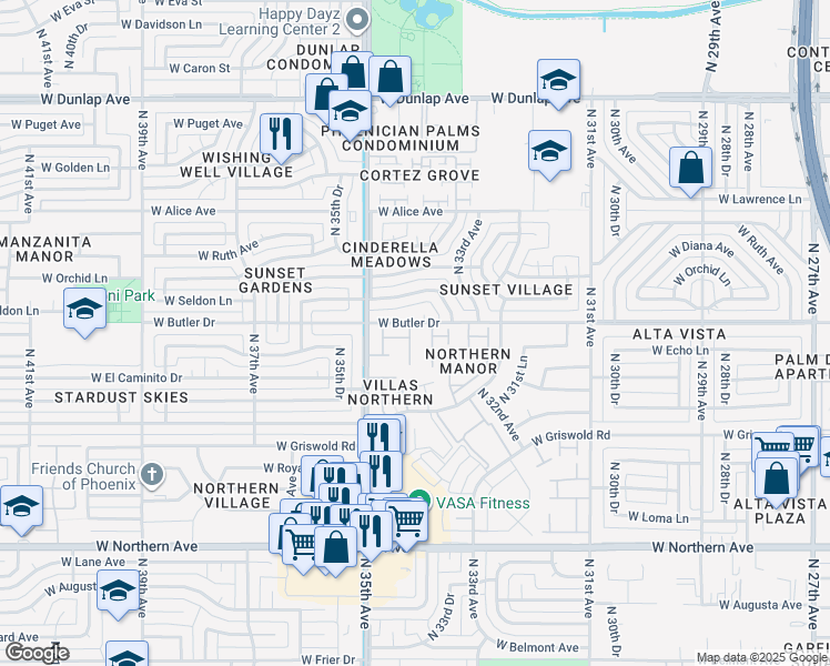map of restaurants, bars, coffee shops, grocery stores, and more near 8425 North 34th Avenue in Phoenix