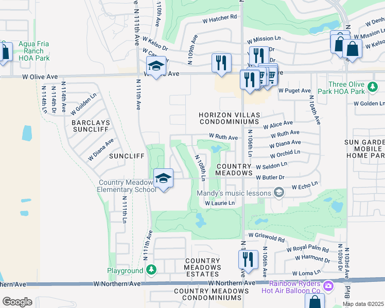 map of restaurants, bars, coffee shops, grocery stores, and more near 8569 North 110th Avenue in Peoria
