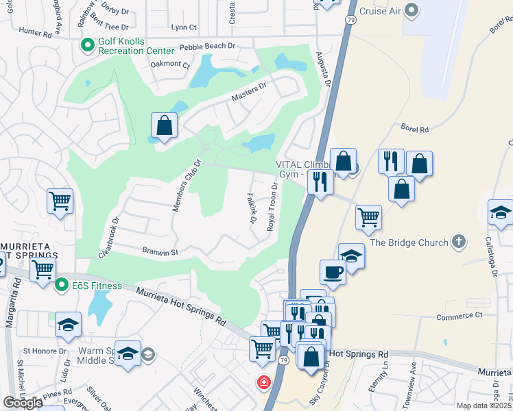 map of restaurants, bars, coffee shops, grocery stores, and more near 38603 Falkirk Drive in Murrieta