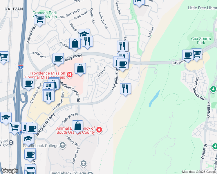map of restaurants, bars, coffee shops, grocery stores, and more near 27796 Aberdeen in Mission Viejo