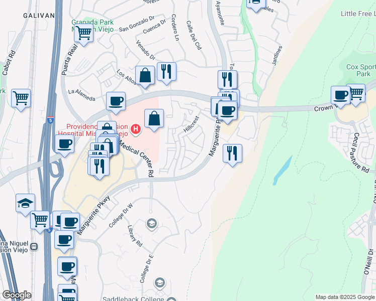 map of restaurants, bars, coffee shops, grocery stores, and more near 27791 Berwick in Mission Viejo