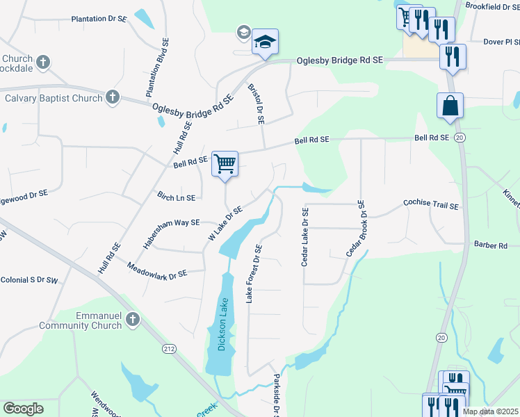 map of restaurants, bars, coffee shops, grocery stores, and more near 4741 West Lake Drive Southeast in Conyers