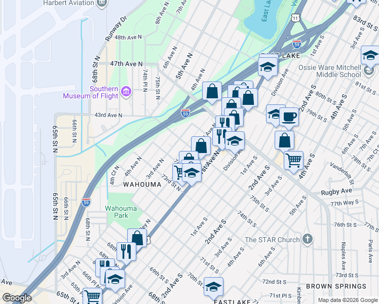 map of restaurants, bars, coffee shops, grocery stores, and more near 7408 2nd Avenue North in Birmingham