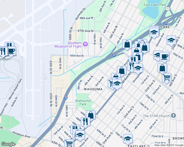 map of restaurants, bars, coffee shops, grocery stores, and more near 7208 4th Avenue North in Birmingham