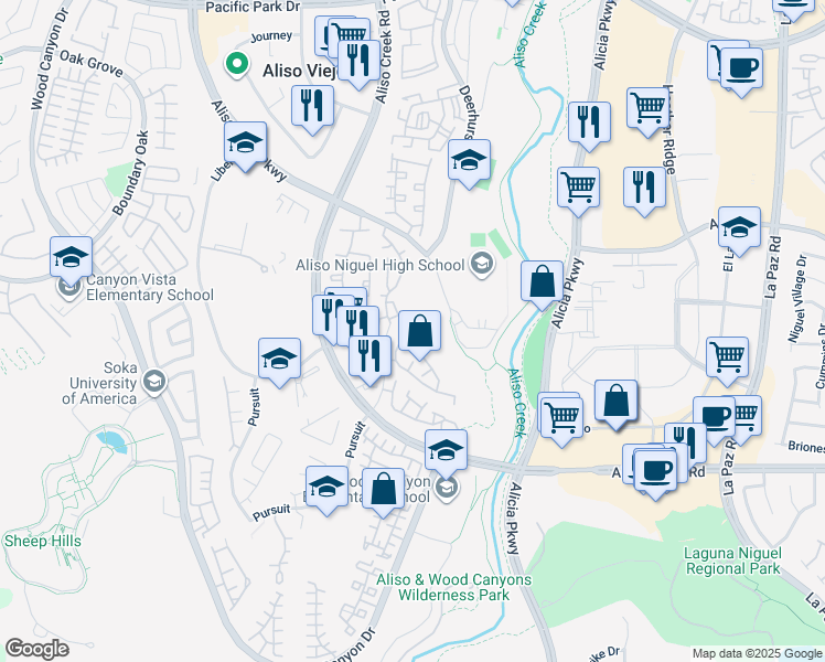 map of restaurants, bars, coffee shops, grocery stores, and more near 151 Matisse Circle in Aliso Viejo