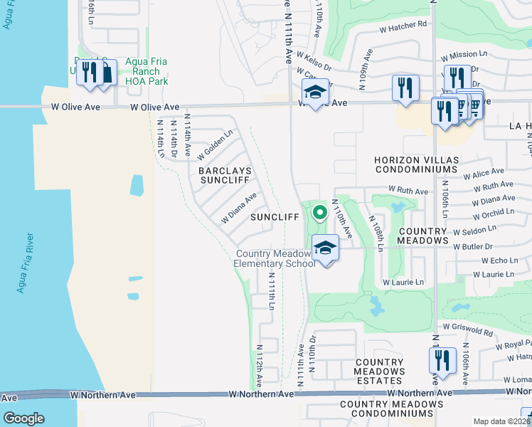 map of restaurants, bars, coffee shops, grocery stores, and more near 11234 North 112th Drive in Peoria