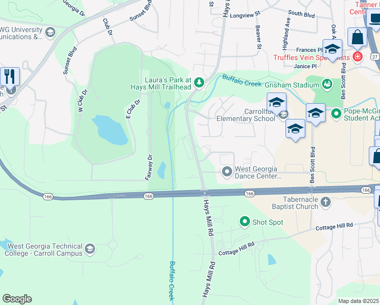 map of restaurants, bars, coffee shops, grocery stores, and more near 805 Hays Mill Road in Carrollton