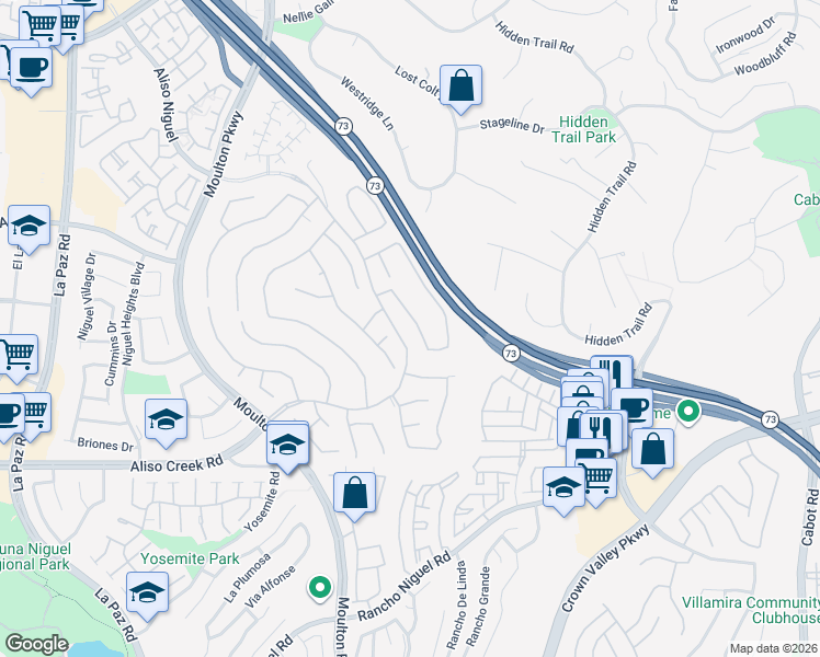 map of restaurants, bars, coffee shops, grocery stores, and more near 27721 Blossom Hill Road in Laguna Niguel