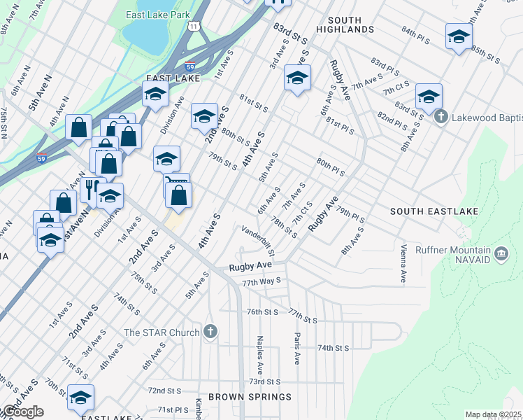 map of restaurants, bars, coffee shops, grocery stores, and more near 600 78th Street South in Birmingham