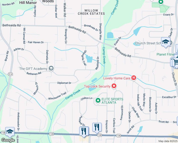 map of restaurants, bars, coffee shops, grocery stores, and more near 7173 Blackjack Court in Riverdale