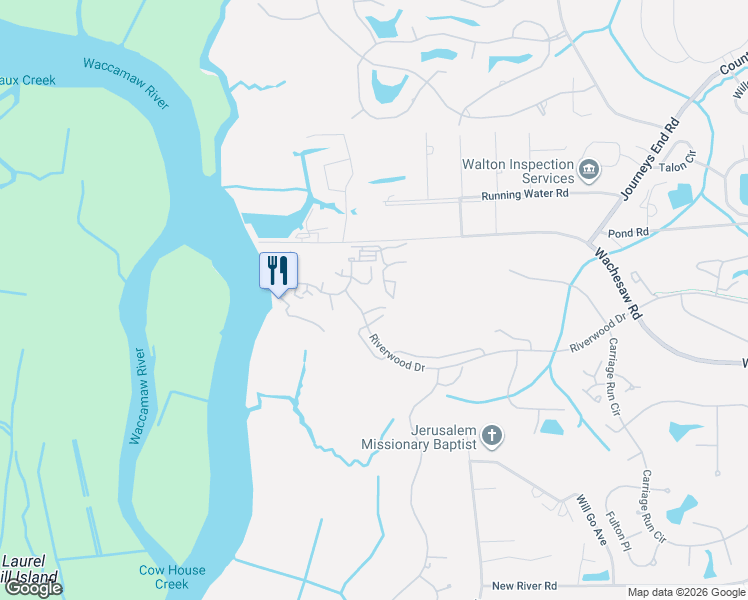 map of restaurants, bars, coffee shops, grocery stores, and more near 3032 Oak Grove Bend in Murrells Inlet
