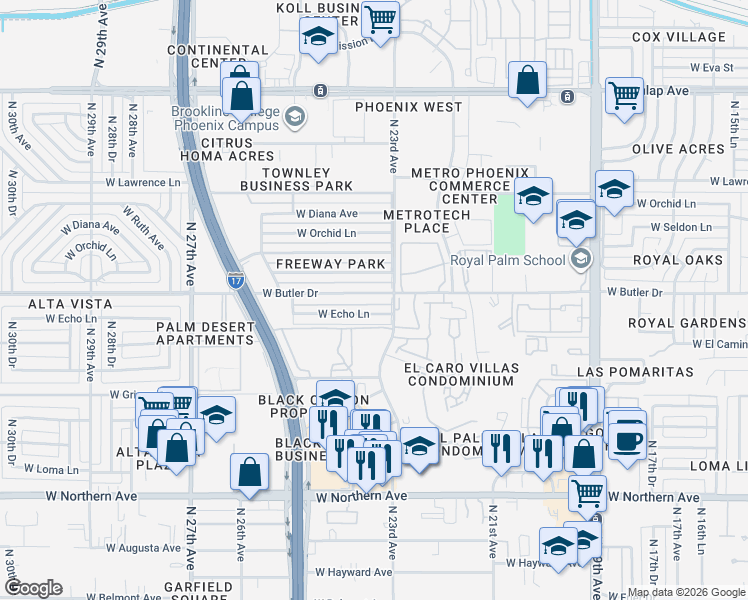 map of restaurants, bars, coffee shops, grocery stores, and more near 2301 West Echo Lane in Phoenix