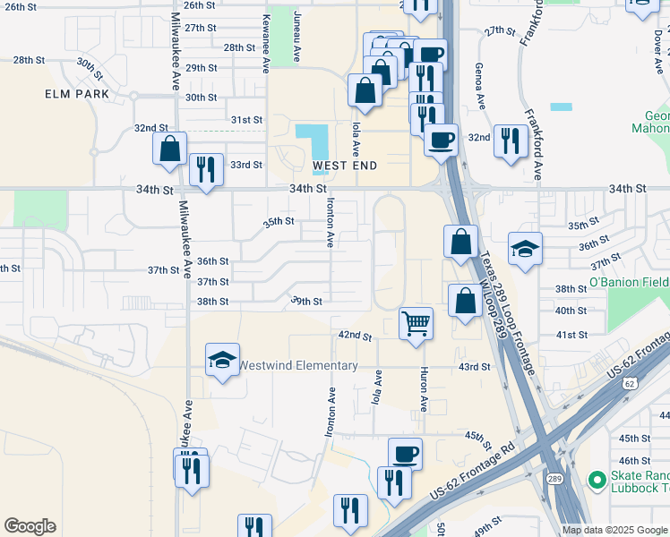 map of restaurants, bars, coffee shops, grocery stores, and more near 6113 38th Street in Lubbock