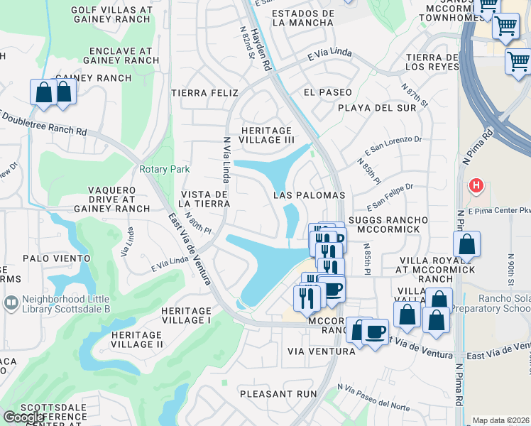 map of restaurants, bars, coffee shops, grocery stores, and more near 8453 North 82nd Place in Scottsdale