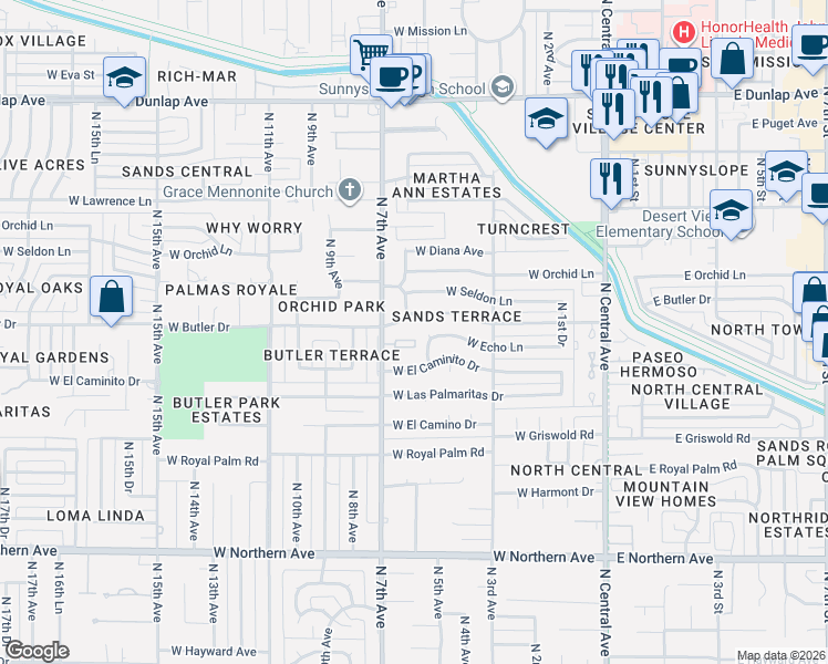 map of restaurants, bars, coffee shops, grocery stores, and more near 615 West Echo Lane in Phoenix