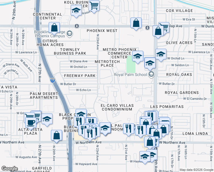map of restaurants, bars, coffee shops, grocery stores, and more near 8445 North 23rd Avenue in Phoenix