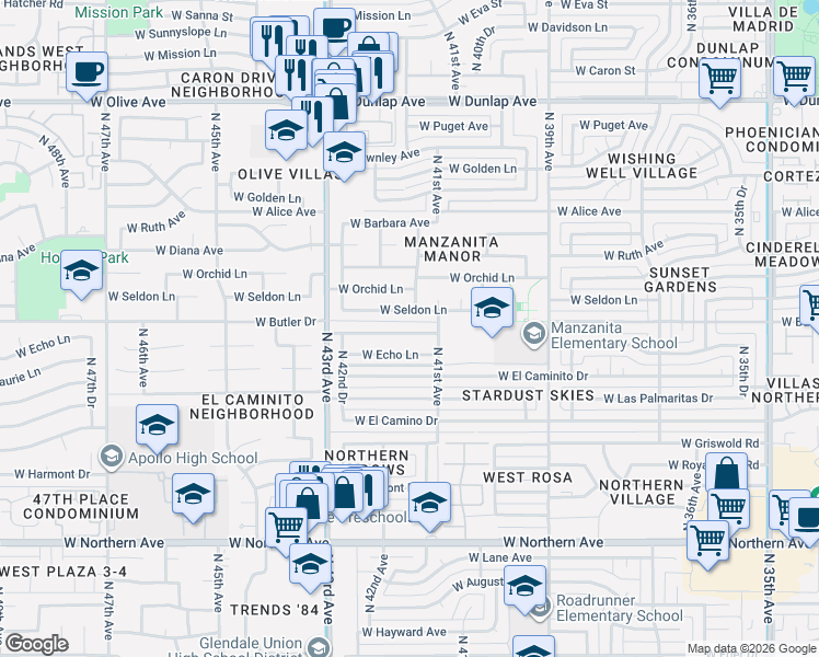 map of restaurants, bars, coffee shops, grocery stores, and more near 4138 West Echo Lane in Phoenix