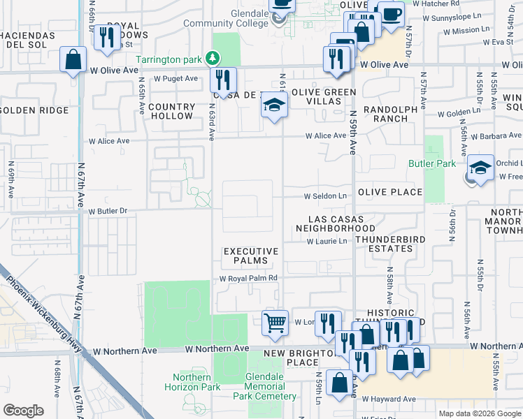 map of restaurants, bars, coffee shops, grocery stores, and more near 6157 West Evergreen Road in Glendale
