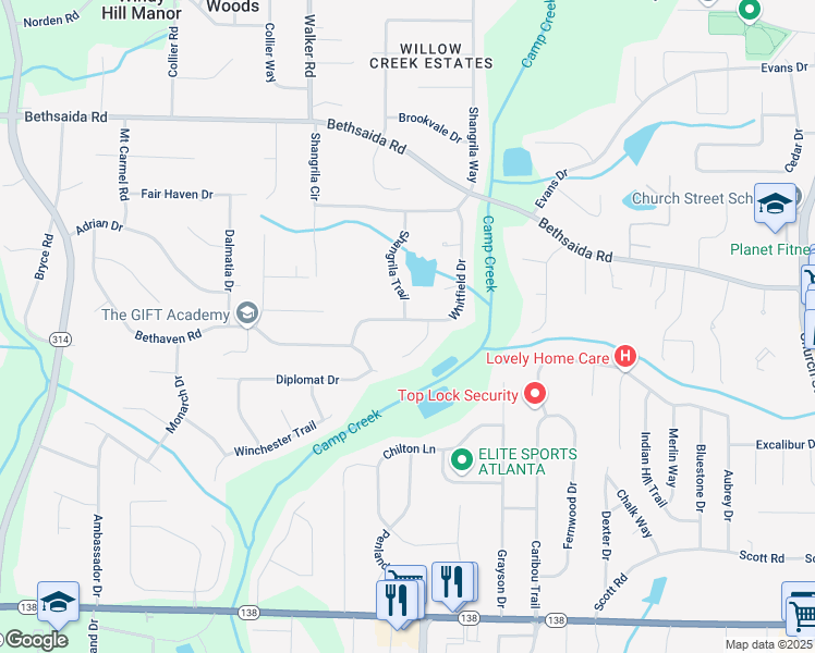 map of restaurants, bars, coffee shops, grocery stores, and more near 7156 Whitfield Drive in Riverdale