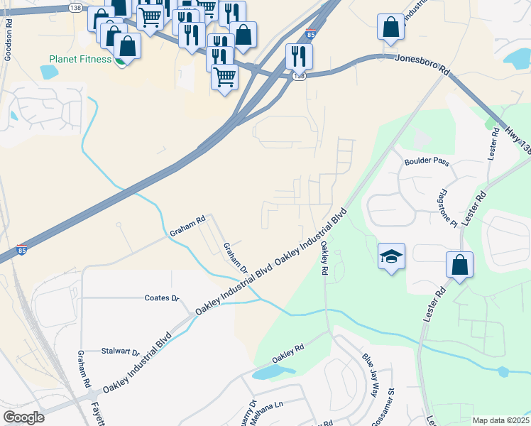map of restaurants, bars, coffee shops, grocery stores, and more near 7365 Oakley Industrial Boulevard in Union City