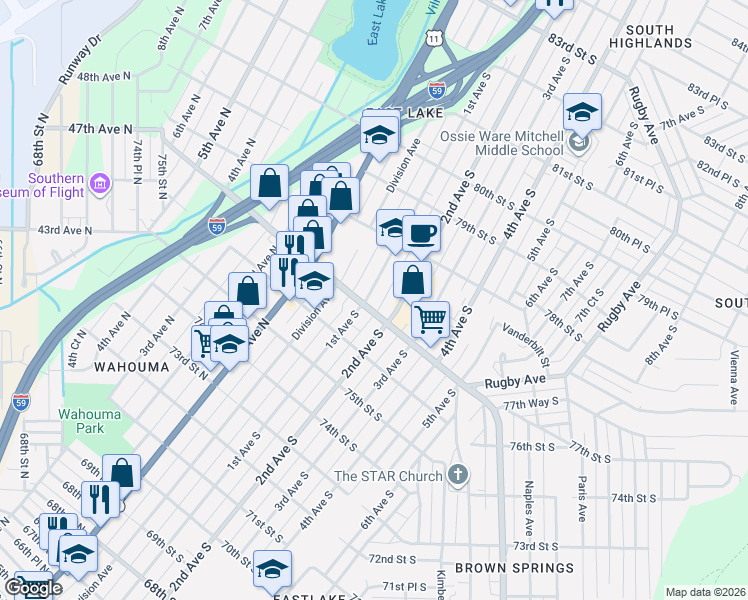 map of restaurants, bars, coffee shops, grocery stores, and more near 7631 1st Avenue South in Birmingham