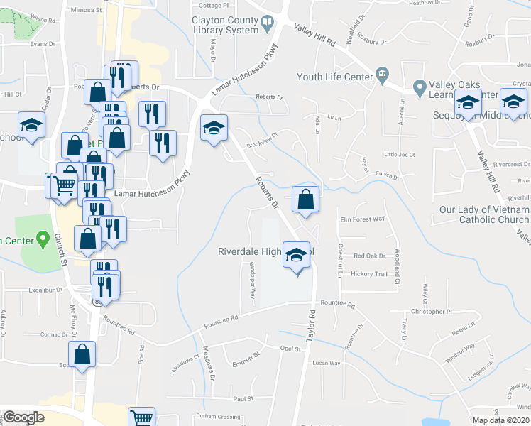 map of restaurants, bars, coffee shops, grocery stores, and more near 7090 Williamsburg Drive in Riverdale