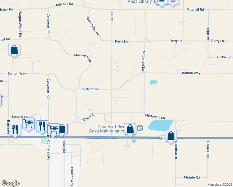 map of restaurants, bars, coffee shops, grocery stores, and more near 38680 Hill Street in Anza