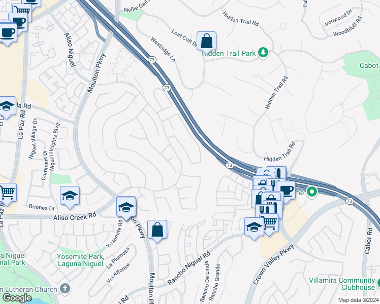 map of restaurants, bars, coffee shops, grocery stores, and more near 27722 Blossom Hill Road in Laguna Niguel