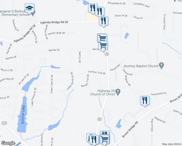 map of restaurants, bars, coffee shops, grocery stores, and more near 867 Cochise Trail Southeast in Conyers