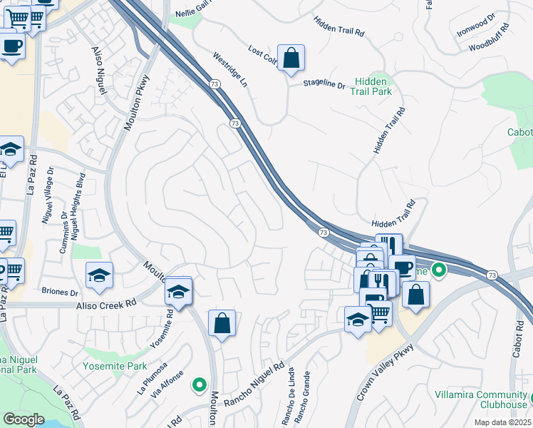 map of restaurants, bars, coffee shops, grocery stores, and more near 27722 Blossom Hill Road in Laguna Niguel