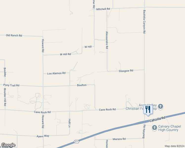 map of restaurants, bars, coffee shops, grocery stores, and more near 38640 Fisher Road in Anza