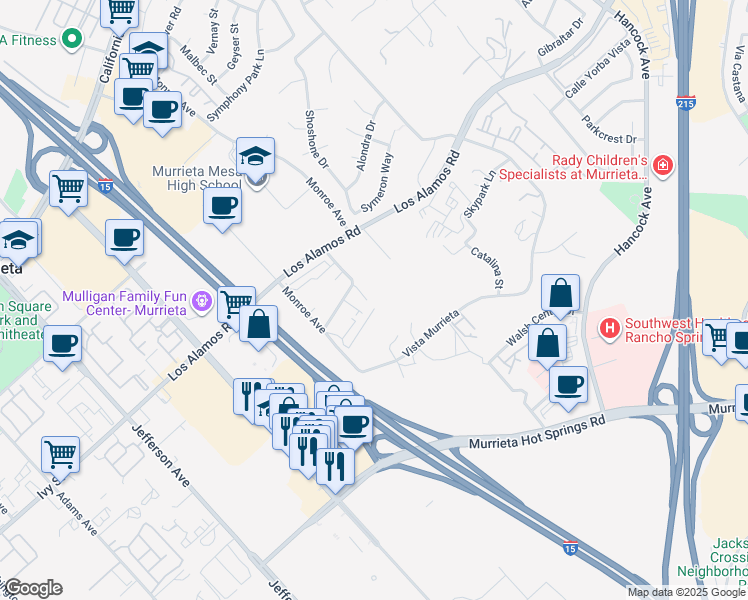 map of restaurants, bars, coffee shops, grocery stores, and more near 41410 Juniper Street in Murrieta