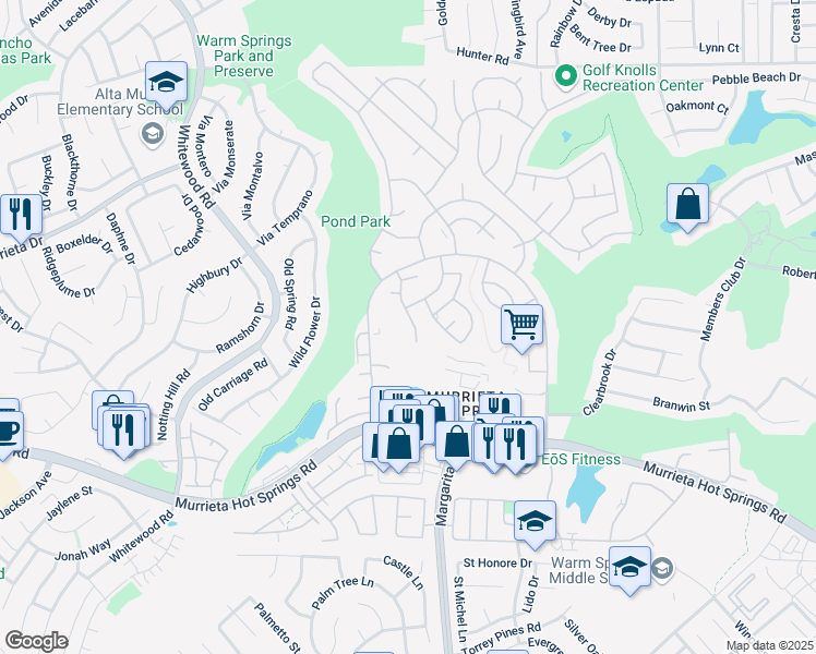 map of restaurants, bars, coffee shops, grocery stores, and more near 38607 Calle De La Siesta in Murrieta