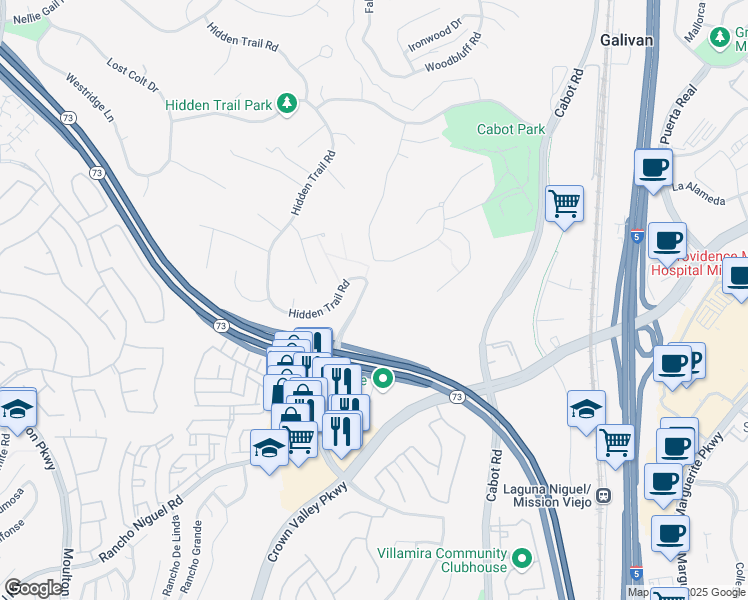 map of restaurants, bars, coffee shops, grocery stores, and more near 27716 Greenfield Drive in Laguna Hills