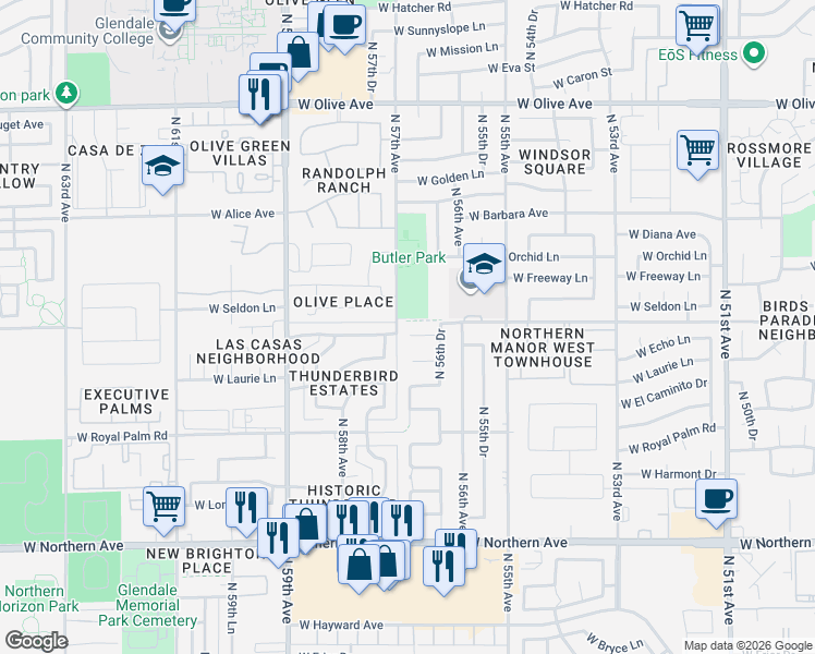 map of restaurants, bars, coffee shops, grocery stores, and more near 8413 North 57th Drive in Glendale