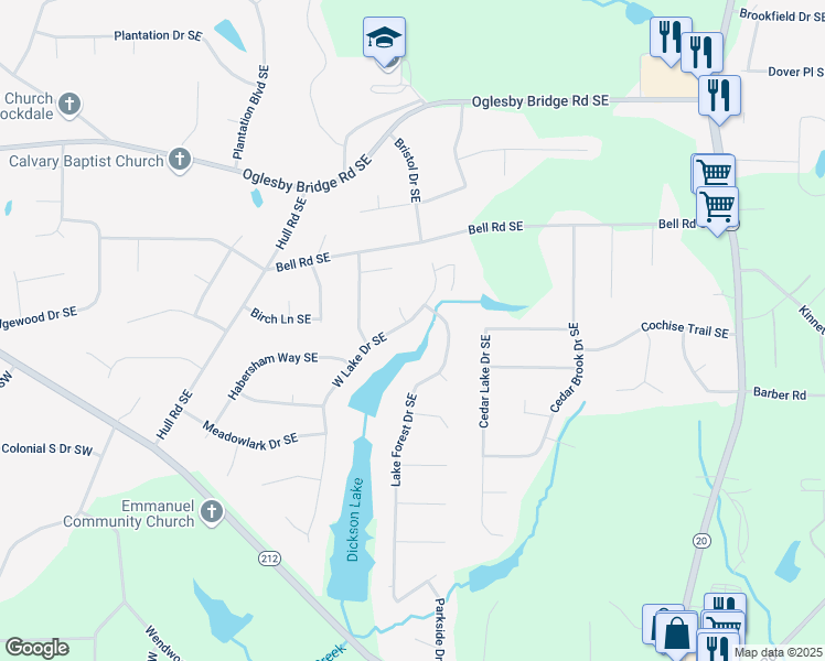 map of restaurants, bars, coffee shops, grocery stores, and more near 4741 West Lake Drive Southeast in Conyers