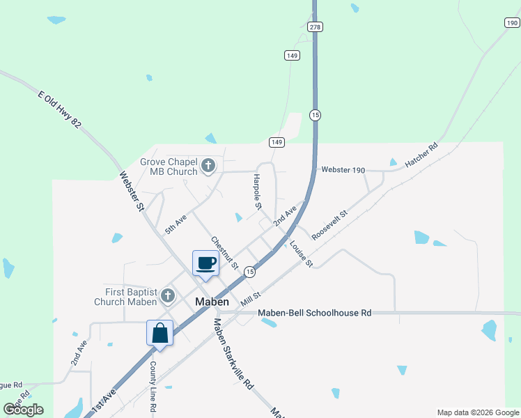map of restaurants, bars, coffee shops, grocery stores, and more near Harpole Road in Maben