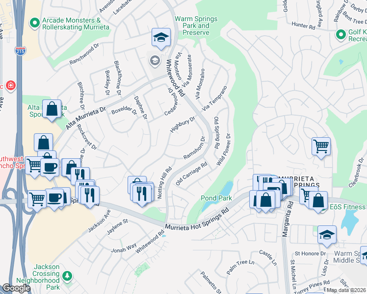 map of restaurants, bars, coffee shops, grocery stores, and more near 39630 Glenwood Court in Murrieta