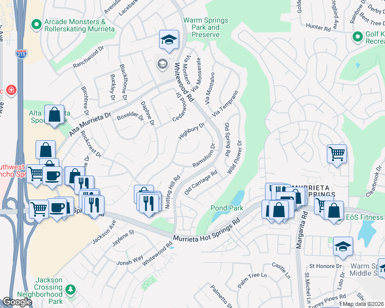 map of restaurants, bars, coffee shops, grocery stores, and more near 39630 Glenwood Court in Murrieta