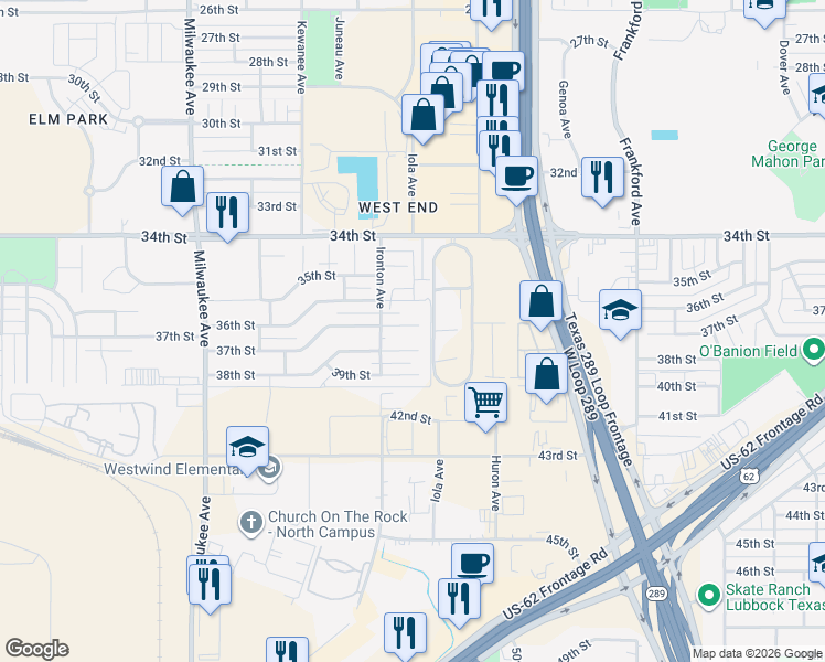 map of restaurants, bars, coffee shops, grocery stores, and more near 6113 38th Street in Lubbock